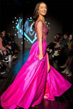 A-line V-Neck Appliques Fuchsia Beading Long Prom Dress with Slit PG884 - Pgmdress