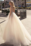 A Line V Neck Backless Beaded Tulle Ivory Wedding Dresses Bridal Gown WD437