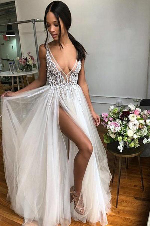 A Line V Neck Backless Beaded Tulle Ivory Wedding Dresses Bridal Gown WD437 - Pgmdress