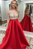 A-Line V-Neck Backless Floor-Length Red Satin Beaded Prom Dress PSK020