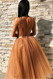 A-Line V-Neck Backless Gold Tulle Homecoming Dress with Appliques PD227 - Pgmdress