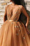 A-Line V-Neck Backless Gold Tulle Homecoming Dress with Appliques PD227 - Pgmdress