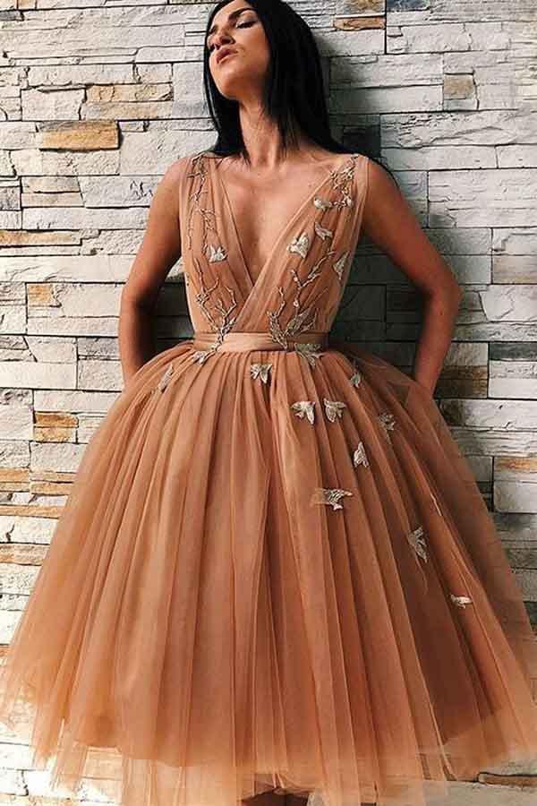 A-Line V-Neck Backless Gold Tulle Homecoming Dress with Appliques PD227 - Pgmdress
