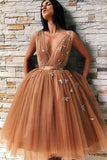 A-Line V-Neck Backless Gold Tulle Homecoming Dress with Appliques  PD227