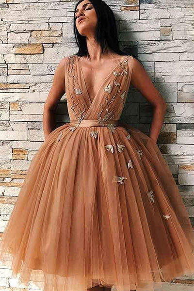 A-Line V-Neck Backless Gold Tulle Homecoming Dress with Appliques US8 / As Picture