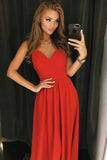 A-Line V-Neck Backless Satin Floor Length Red Satin Prom Dress PG760 - Pgmdress