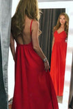 A-Line V-Neck Backless Satin Floor Length Red Satin Prom Dress PG760 - Pgmdress