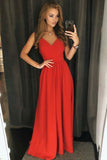 A-Line V-Neck Backless Satin Floor Length Red Satin Prom Dress PG760