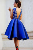 A-Line V-Neck Backless Short Royal Blue Satin Homecoming Dress with Lace PG158 - Pgmdress