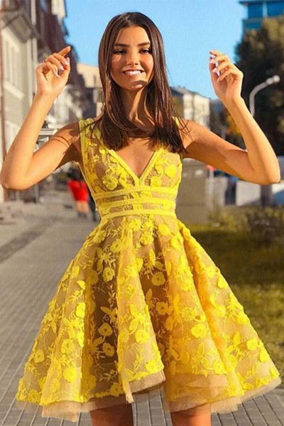 dillards yellow homecoming dress A-line V-neck Sleeveless Short PD381 US8 / As Picture OppoSuits Mens Solid Shirt 1st Communion Dresses Haddonfield NJ Make a statement in Color:As Photo-Brown