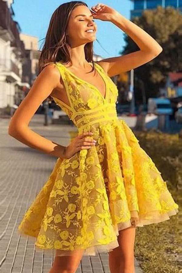 A-line V-neck Backless Sleeveless Short Yellow Homecoming Dress PD381 - Pgmdress