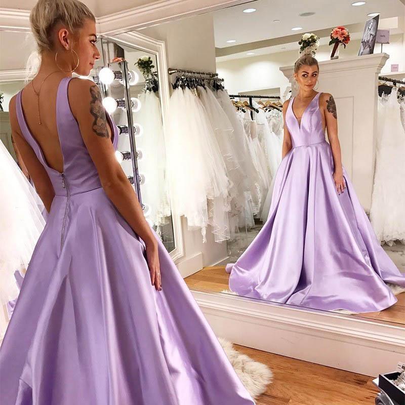 A-Line V-Neck Backless Sweep Train Lilac Satin Prom Gown Party Dress PSK114 - Pgmdress