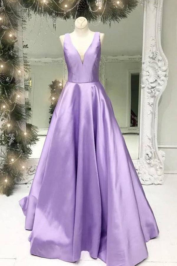 A-Line V-Neck Backless Sweep Train Lilac Satin Prom Gown Party Dress PSK114 - Pgmdress