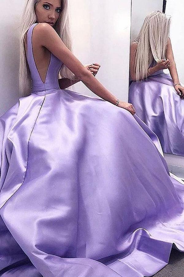 A-Line V-Neck Backless Sweep Train Satin Lilac Prom Dress PSK114 US8 / Lilac A-Line V-Neck Backless Sweep Train Satin Lilac Prom Dress PSK114 US8 / Lilac