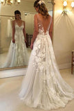 A-Line V-neck Backless Sweep Train Wedding Dress with Appliques WD394 - Pgmdress