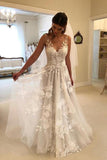 A-Line V-neck Backless Sweep Train Wedding Dress with Appliques WD394
