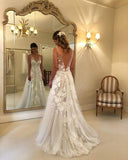 A-Line V-neck Backless Sweep Train Wedding Dress with Appliques WD394 - Pgmdress