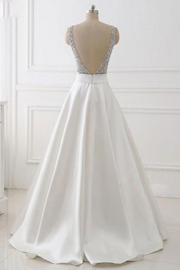 A-line V-neck Beaded Top Ivory Satin Long Prom/Evening Dress US4 / As Picture A-line V-neck Beaded Top Ivory Satin Long Prom/Evening Dress US4 / As Picture