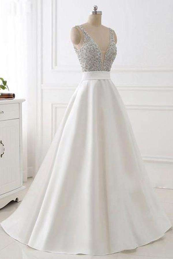 A-line V-neck Beaded Top Ivory Satin Long Prom/Evening Dress PG601 - Pgmdress
