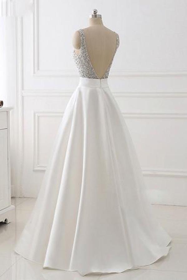 A-line V-neck Beaded Top Ivory Satin Long Prom/Evening Dress PG601 - Pgmdress