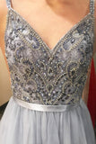 A-line V-Neck Beading Floor Length Grey Prom/Formal Dress PG995 - Pgmdress