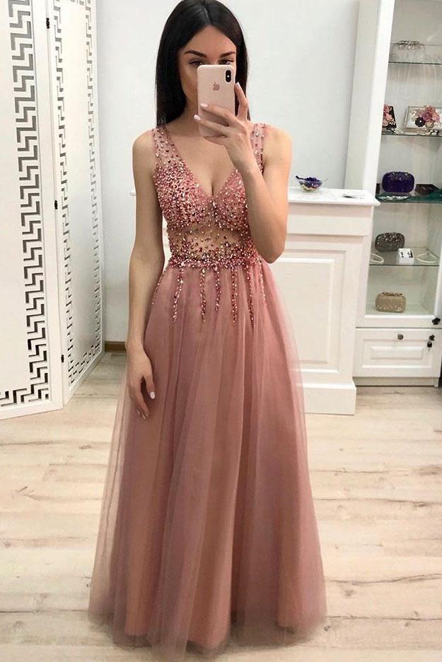 A Line V Neck Beading Pink Prom Dresses Long Tulle Prom Dress PM201 - Pgmdress