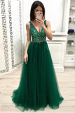 A Line V Neck Beading Prom Dresses, Long Tulle Green Prom Dress PM200 - Pgmdress