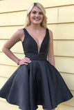 A Line V Neck Black Simple Homecoming Dresses with Pocket  PD240