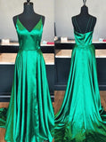 A-Line V-Neck Blue Elastic Satin Prom/Evening Dress with Split PG619 - Pgmdress