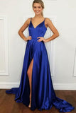 Blaues Ball-/Abendkleid aus elastischem Satin in A-Linie mit V-Ausschnitt und Schlitz PG619 