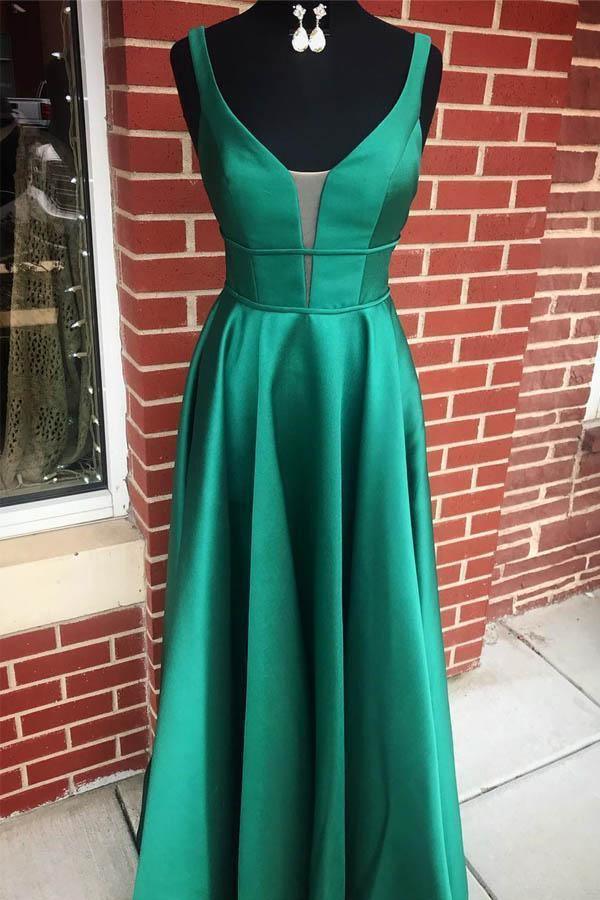 A-line V neck Blue Satin Long Prom/Formal Dress with Pockets PSK055 - Pgmdress