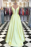 A-line V neck Blue Satin Long Prom/Formal Dress with Pockets PSK055 - Pgmdress