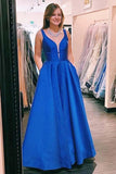 Langes Ball-/formelles Kleid aus blauem Satin in A-Linie mit V-Ausschnitt und Taschen PSK055