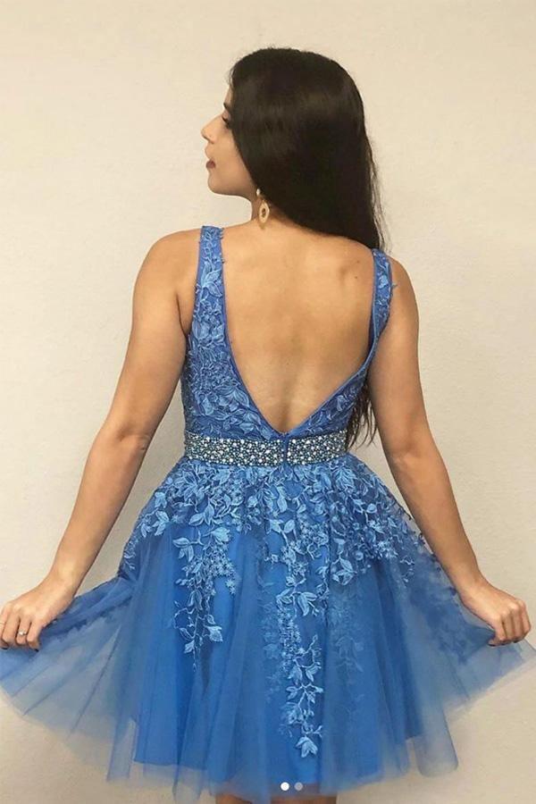 A Line V Neck Blue Short Prom Dress Homecoming Dress with Appliques PD423 - Pgmdress