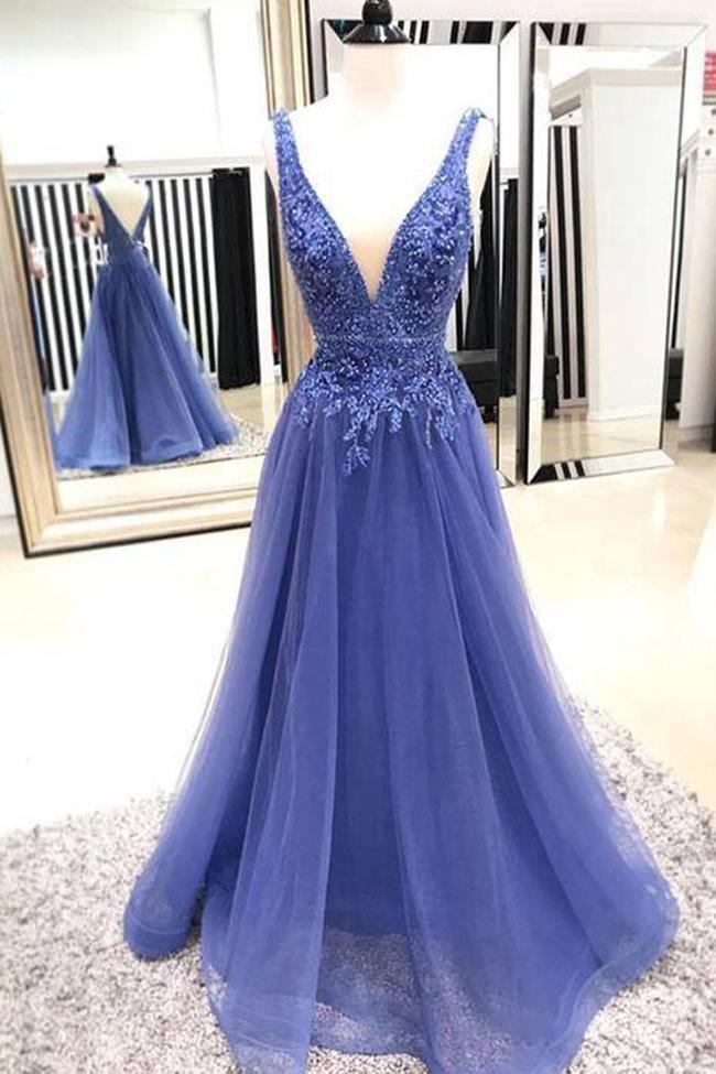 A-line V Neck Blue Tulle Prom/Evening Dresses With Lace Applique PM234 - Pgmdress