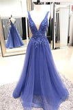 A-line V Neck Blue Tulle Prom/Evening Dresses With Lace Applique   PM234