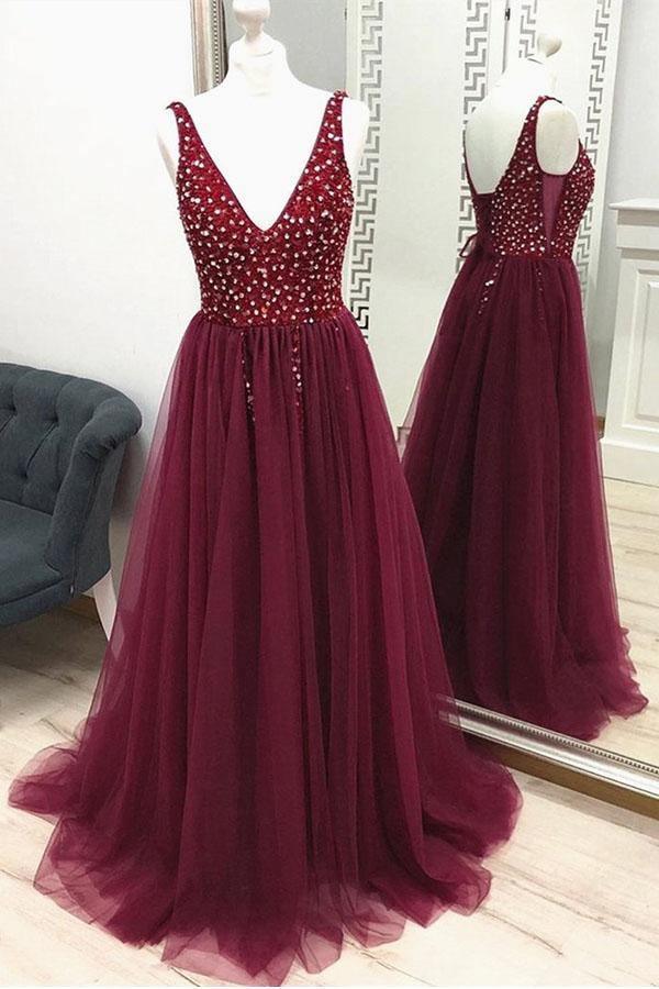 A Line V Neck Burgundy Prom Dresses Beaded Split Evening Dresses PSK140 ...