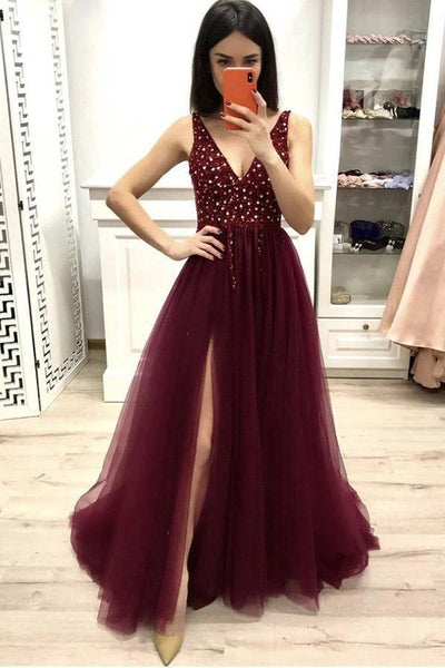 A Line V Neck Burgundy Prom Dress Beaded Split Evening Dress PSK140 A Line V Neck Burgundy Prom Dress Beaded Split Evening Dress PSK140