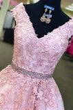 A-line V-Neck Cap Sleeves Pink Tulle Beaded Appliques Prom Dress PG471 - Pgmdress