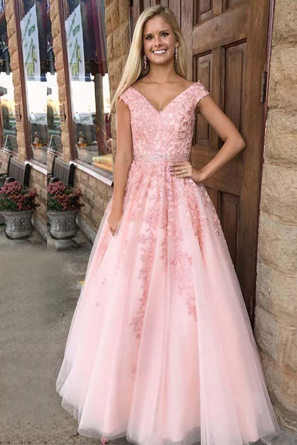 A-line V-Neck Cap Sleeves Pink Tulle Beaded Appliques Prom Dress PG471 - Pgmdress