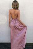 A-Line V-Neck Criss-Cross Back Blush Satin Prom Dress with Split PG651 - Pgmdress