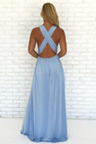 A-Line V-Neck Criss-Cross Straps Sky Blue Chiffon Prom Dress with Split PG997 - Pgmdress