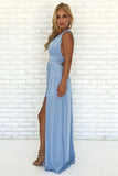 A-Line V-Neck Criss-Cross Straps Sky Blue Chiffon Prom Dress with Split PG997 - Pgmdress