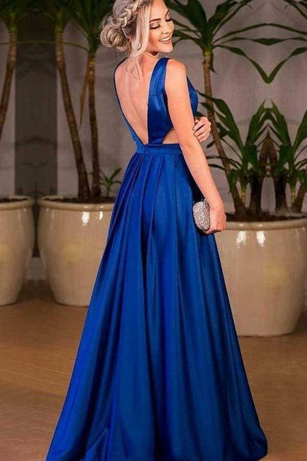 A-Line V-Neck Cut Out Pleated Royal Blue Satin Prom Dress US16 / As Picture A-Line V-Neck Cut Out Pleated Royal Blue Satin Prom Dress US16 / As Picture