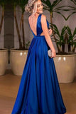 A-Line V-Neck Cut Out Pleated Royal Blue Satin Prom Dress PG617 - Pgmdress