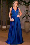 A-Line V-Neck Cut Out Pleated Royal Blue Satin Prom Dress PG617