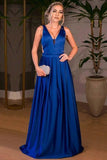 A-Line V-Neck Cut Out Pleated Royal Blue Satin Prom Dress PG617 - Pgmdress