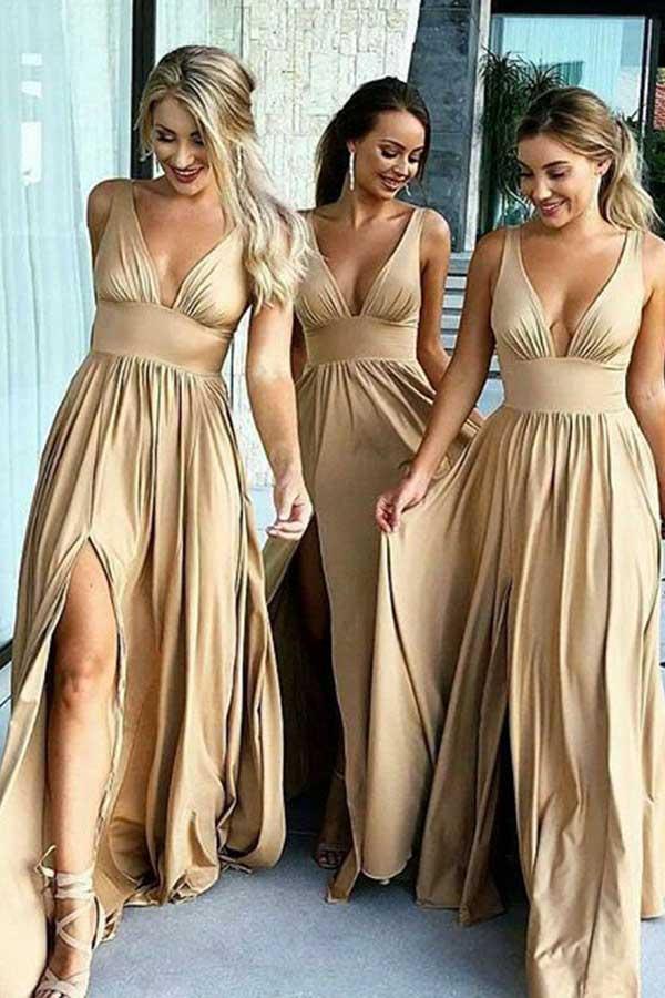A-Line V-Neck Elastic Satin Bridesmaid Dress with Split BD055 - Pgmdress