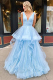 A Line V Neck Floor Length Blue Prom/Formal Dress With Appliques PSK156