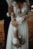 A-Line V-Neck Floor Length Chiffon Wedding Dress with Appliques Flowers WD340 - Pgmdress
